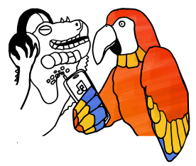 parrot-and-trex-listening-to-music