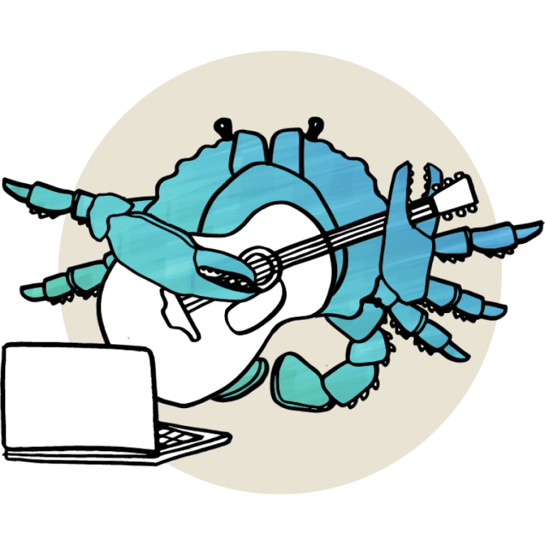 illustration-of-a-crab-playing-a-guitar-in-front-of-a-laptop-computer
